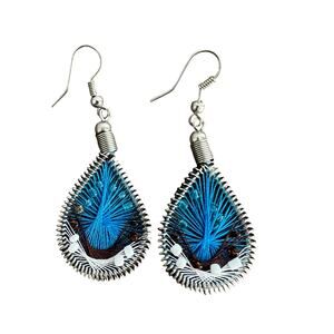 Blue black and white thread teardrop dream catcher earrings